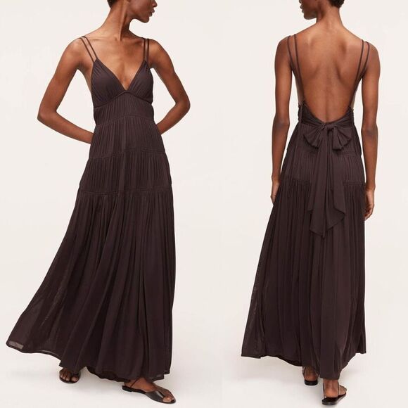 NEW Rebecca Taylor Ruched Mesh Sleeveless Open Back Brown Maxi Dress Size 00 - Picture 1 of 13